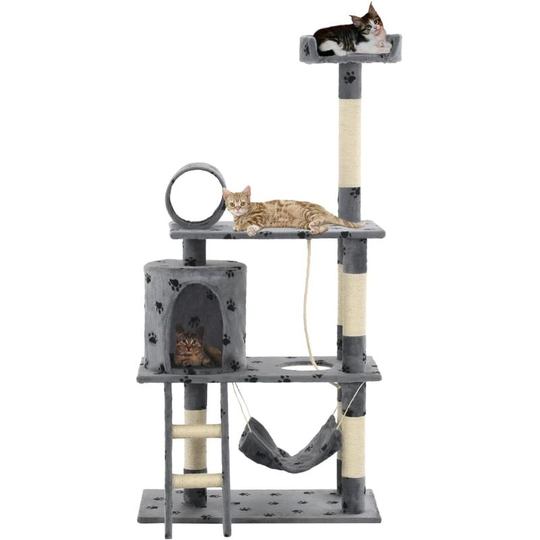 Cat Tree with Sisal Scratching Posts 140 cm Grey Paw Prints VD07140 - Hommoo
