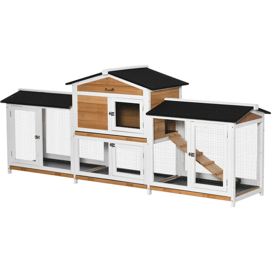 Pawhut - Rabbit Hutch, 2-Tier Guinea Pig Hutch, w/ Two Runs, Pull-Out Tray - White