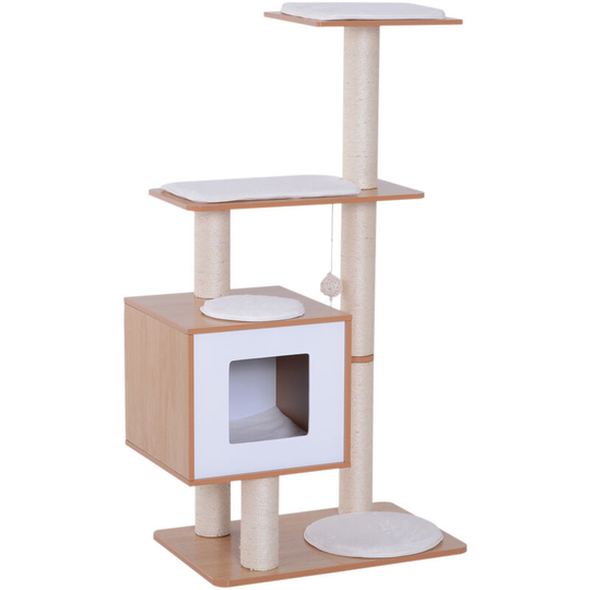 Wood Cat Tree Tower Scratching Post Kitten Activity Centre w/ Cushion - Natural Wood Colour, White - Pawhut