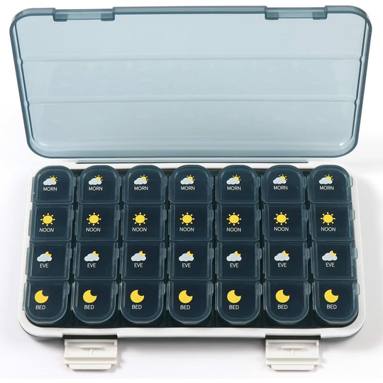 Sun Flowergb - Large 4x a Day Pill Box, 7 Days a Week, Weekly Pill Organizer Pill Box with Dust Box for Pills/Vitamins/Fish Oil/Supplements, 28