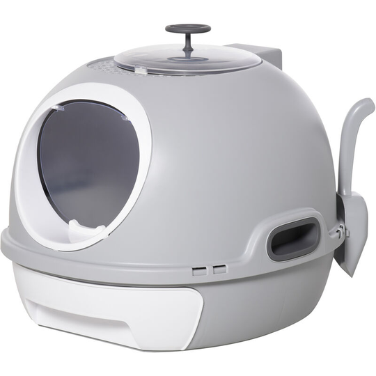 PawHut Futuristic Capsule-Shaped Cat Litter Box w/ 2 Doors Litter Scoop Drawer - Grey
