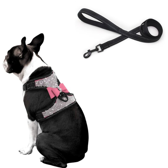 Sun Flowergb - Rhinestone Dog Harness - Reflective Nylon Dog Vest with Glitter Bow Tie and Leash for Small, Medium and Large Dogs, Parties and