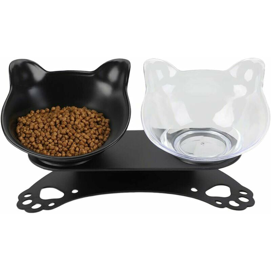 Bearsu - Cat Bowl, Double Bowls for Cats with Raised Stand, Cat Bowl 15° Tilted Platform, Double Bowl for Small Dogs and Cats