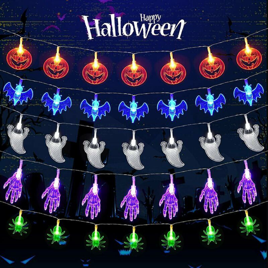 Briday - Halloween String Lights 5ft 10LED Halloween Decorations Pumpkins White Ghost Bats Skeleton Hands Spider Halloween Lights for Halloween