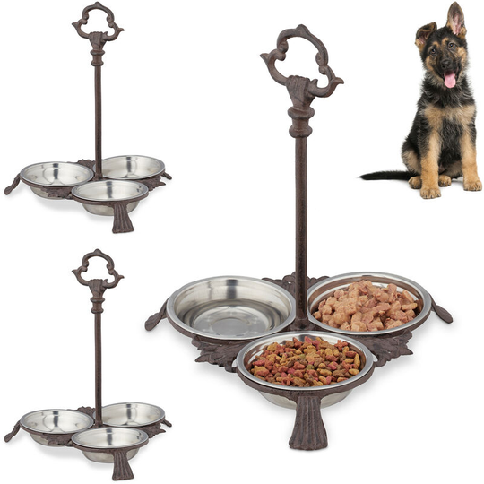 Relaxdays - Cast Iron Feeding Station for Cats & Dogs, Set of 3, 3 Stainless Steel Bowls Each, Handle, Outdoor, Dark Brown
