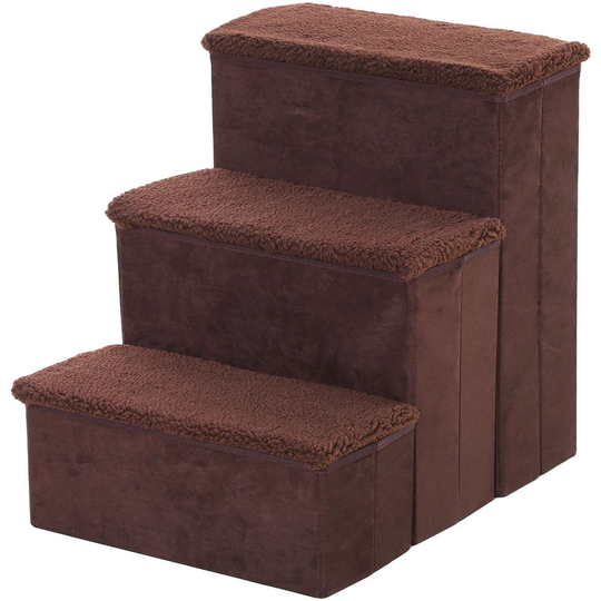 3 Step Pet Stairs Portable Mobility Assistance w/ Washable Cover Brown - Brown - Pawhut