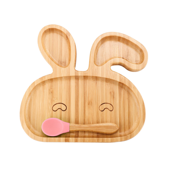 (Pink Rabbit) Baby Bamboo Suction Plate Spoon Set Feeding Suction Plate