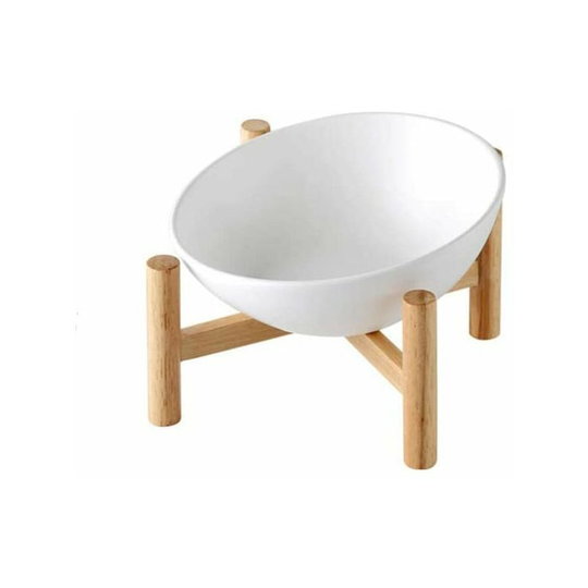 White Raised Bowl Holder Sloped Dog and Cat Bowl Ceramic with Bamboo Wooden Stand Small