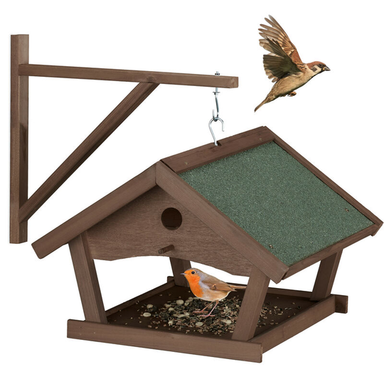 Wooden Birdhouse, Hanging Bird Feeding Table, HxWxD: 35x42.5x40.5 cm, Feeder For Wild Birds, Dark Brown - Relaxdays