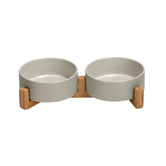 Ceramic Dog Bowl Double Dog Feeding Bowl with Bamboo Stand for Cats and Dogs (400ml, 2-Grey)