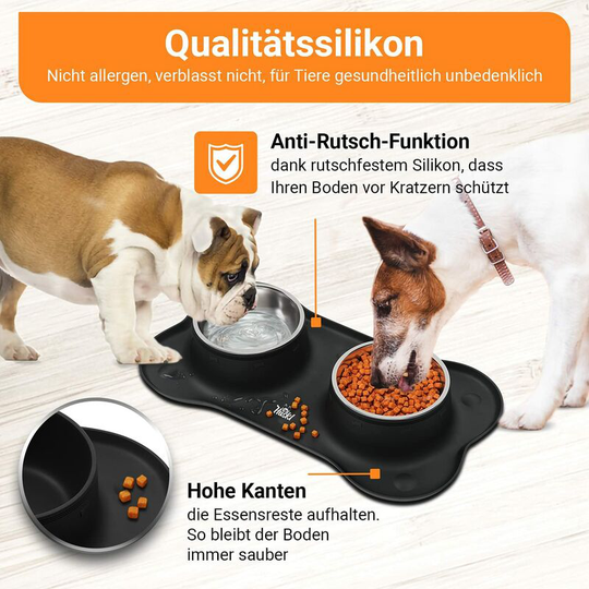 2 x 350ml Dog Bowl with Dog Bowl Mat - High Quality Silicone Non-Slip Dog Mat Silikon and Stainless Steel Dog Bowl/Dog Water Bowl - Black FDA