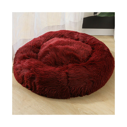 (Wine Red, 40cm) Plush Donut Pet Bed For Dogs & Cats | Dog Basket