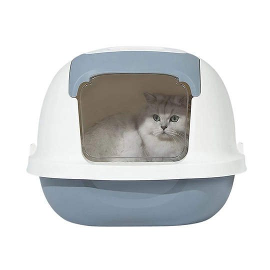 Grey Cat Plastic Litter Box Tray Toilet, Hooded With Door Flap And Handle. - Size 521X427x414mm