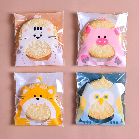 Cookie Candy Bags, 400 Mini Cute Cartoon Animal Pattern Cookies Packaging Bags, Self Adhesive Treat Bags Plastic Baking Bag Home Party