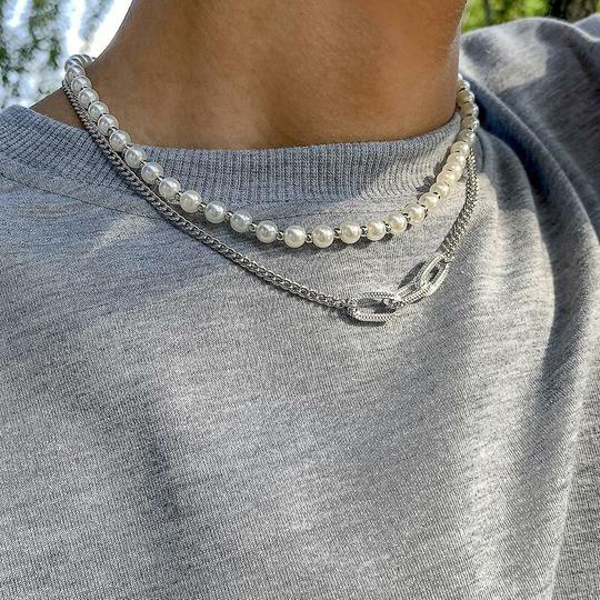 THSINDE Hip Hop Retro Imitation Pearl Men's Necklace, White K Set 2564,,