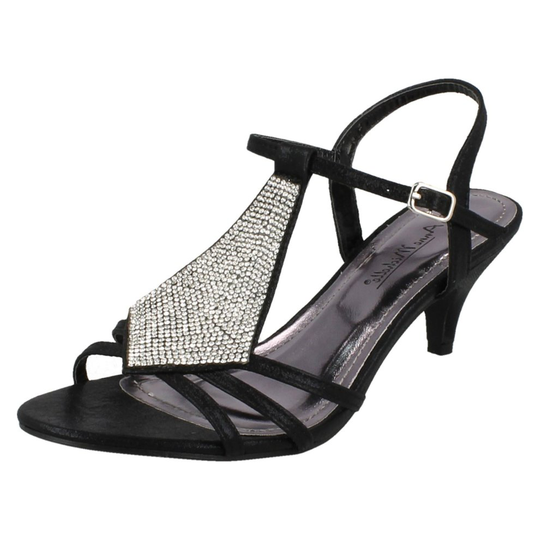 (UK 4, Black) Ladies Anne Michelle Mid Kitten Heel Diamante Sandals