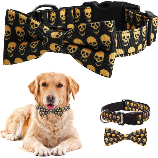 Funny Skull Design Dog Collar Bow Tie Dog Collar Adjustable Collar Dog Collar Suitable for Halloween, Dog Party, Pet Photo Shoot.