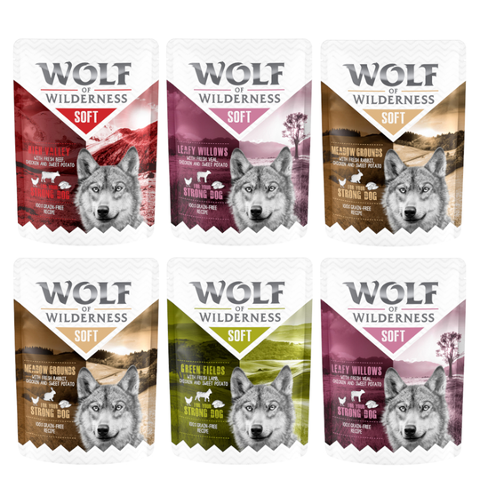 Wolf of Wilderness Adult "Soft" Pouches Mixed Pack - 6 x 300g Mixed Pack I (Lamb, Beef, Rabbit, Veal)