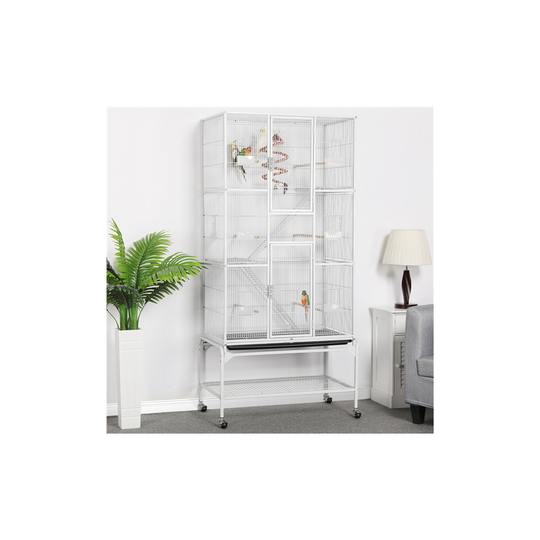 (White) Large Iron Bird Cage with Perches Stand and Wheels