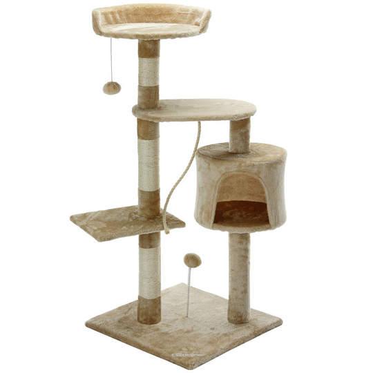 Cadoca - Scratching Post Cat Tree Scratch Tree Climbing Sisal Scratcher Cat Condo Play Balls Rope Cave Comfy Cosy Robust Plush Clothing Faux Fur mdf