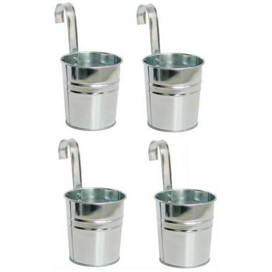 4Pcs Metal Hanging Flower Pots, 10cm Hanging Flower Bucket Flower Pots with Detachable Hook for Balcony Fence Garden Home Decor (Silver)