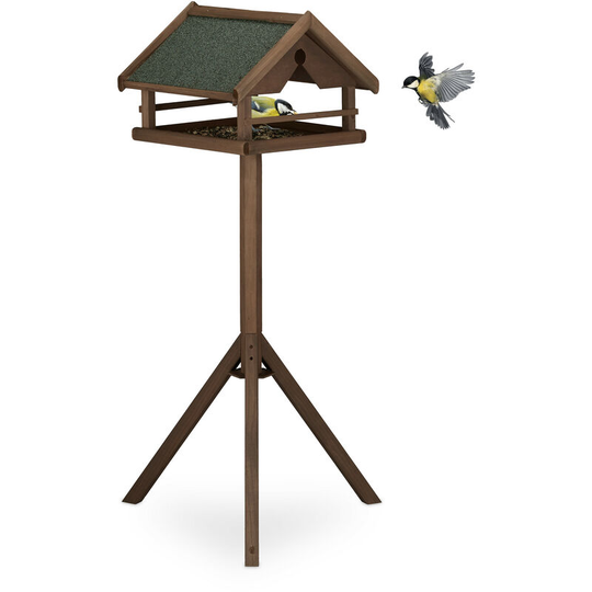 Free-Standing Birdhouse, Bird Feeder Table, HxWxD: 120 x 62 x 55 cm, Weatherproof Roof, Wood, Brown - Relaxdays