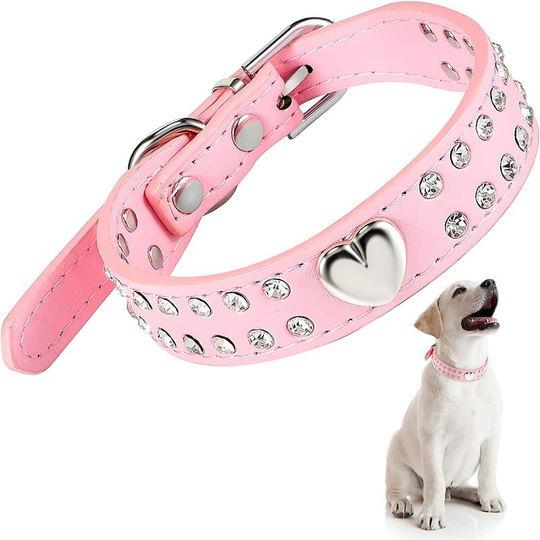 Adjustable Crystal Dog Collar Bling Rhinestone Pet Collar Heart Studded pu Leather Dog Collar , s Size
