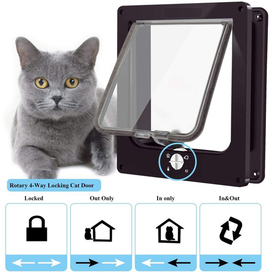 Cat Door, Waterproof Pet Door with 4-Way Rotating Lock for Cat, Small Dog, Easy to Install and Use, Upgraded Version (l, Brown)