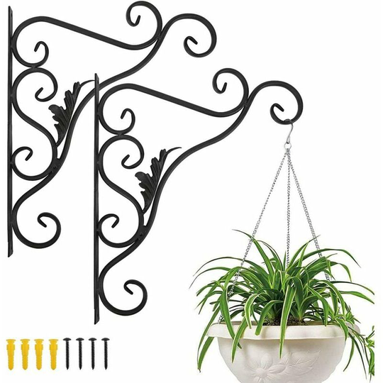 Bearsu - Balcony Wall Mounted Plant Holder, Set of 2 Retro European Leaf Shape, Wrought Iron Hanging Hook, for Basket Lanterns with Screws, Outdoor