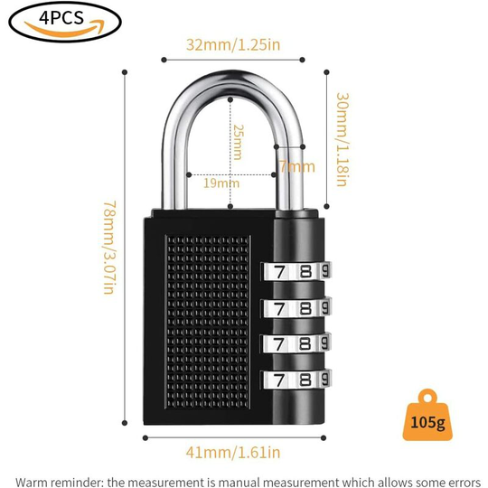 Litzee - Set of 4 Combination Lock Padlock Set 4 Digit Resettable Combination Lock for School, Gym, Outdoor Shed, Rabbit Cabinet, Black