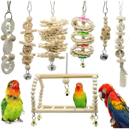 7 Pack Bird Toys for Parrot, Hanging Toys with Bell, Chew, Swings, Ladders, Decoration Animal Cages for Birds, Budgies, Lovebirds, Macaws.