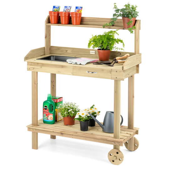 Wooden Potting Table With Wheels
