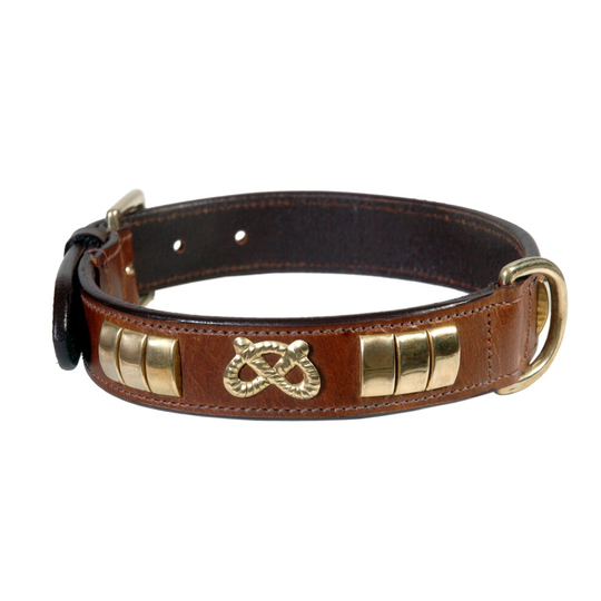 (Brown) STAFFORDSHIRE LEATHER DOG COLLAR, FITTED WITH BRASS HARDWARE & STAFFY KNOT