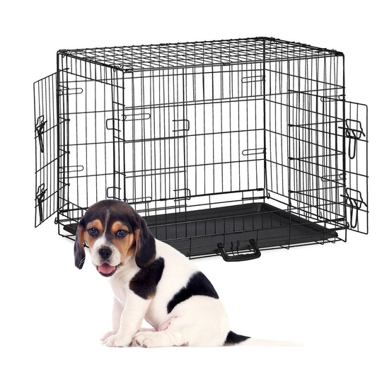 Foldable Dog Crate, for Travels with Pets or Indoors Use, Plastic Bottom, 2 Doors, hwd: 59 x 76 x 53 cm, Metal - Relaxdays