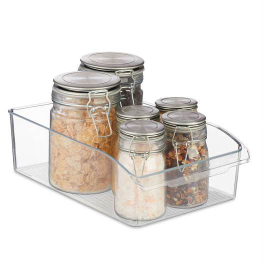 Relaxdays Fridge Organiser, Food Storage, with Handle, Plastic, Kitchen & Bathroom Storage Box, 9x31x20 cm , Transparent