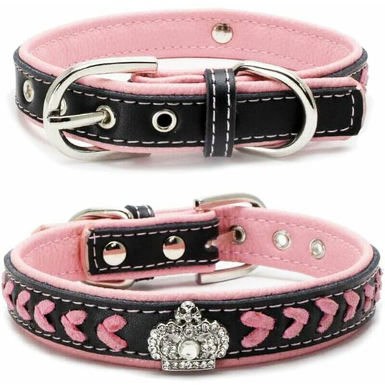Dog necklace in padded leather christmas in shiny crown and elegant rhinestones - collar in animals with soft padding - adapted to small medium dogs