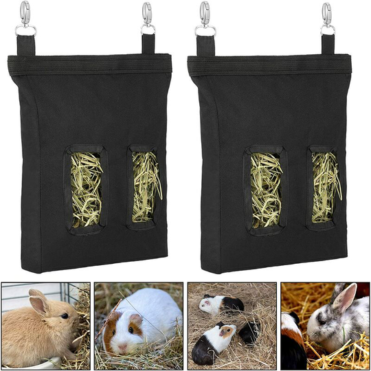 2 Pieces Guinea Pig Hay Bag Rabbit Feeding Bag Small Animal Hay Feeder Bag Hanging Feeding Bag for Rabbit Hamsters Chinchilla (Black, Sky Blue)