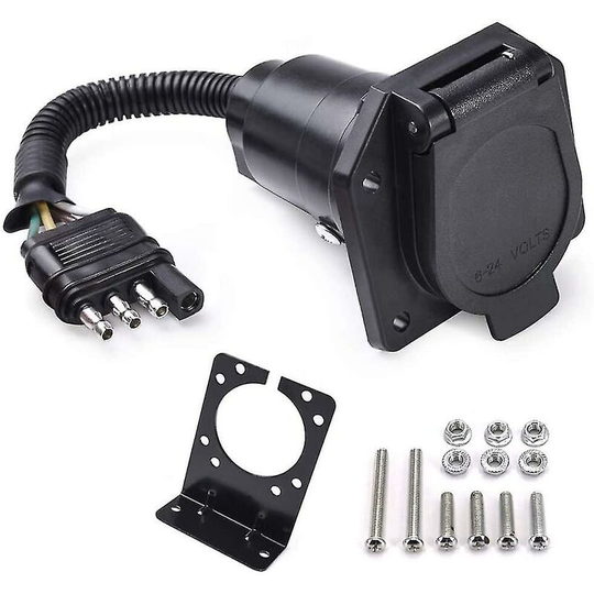 4-way Flat To 7-way Round Blade Trailer Adapter Wiring Plug Connector With Bracket
