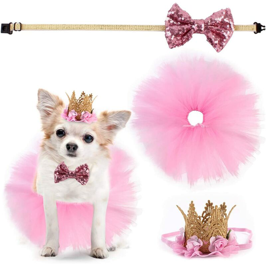 Pet Birthday Party Supplies - Bow Tie Tutu Skirt and Crown Hat for Girl Puppy Cat Pink Outfits for Dog Wedding Dress Birthday Party