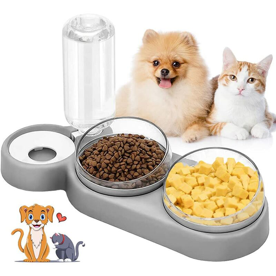 Fvbjd - Double Cat Bowls, Double Raised Cat Bowl, Dry Wet Separation Bowl, 15° Tilt Anti-Vomiting Pet Bowl 3-in-1 Automatic Water Storage, Cat Bowl