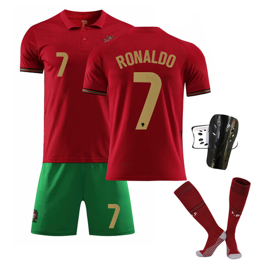 Portugal Home Red Soccer Jersey Set Size 7 With Socks+Protective Equipment, Size 22
