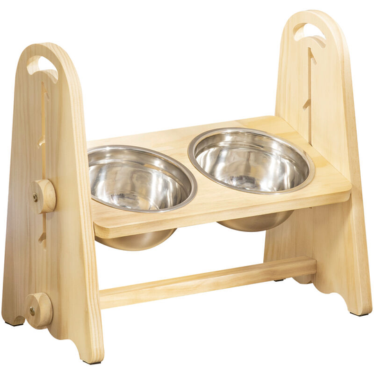 Adjustable Raised Dog Bowls with Stand and 2 Stainless Steel Bowls - Natural wood finish - Pawhut