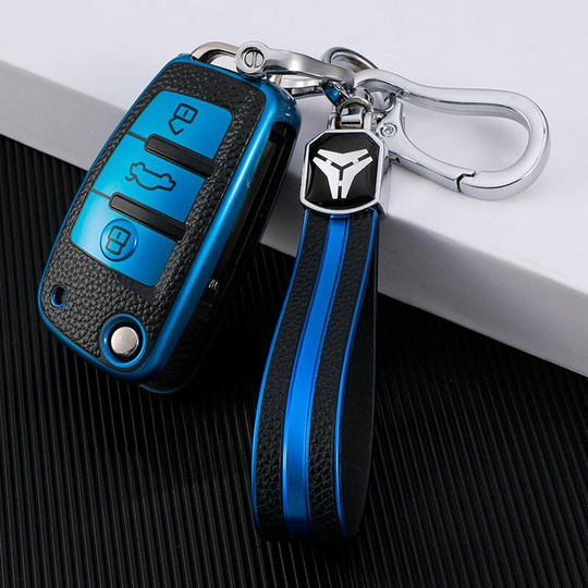 Silicone tpu Cover Case Compatible for Audi A1 A2 A3 A4 A5 A7 Q1 Q3 Q5 tt Keychain Case Leather Effect Protection Car Remote Control (Blue)