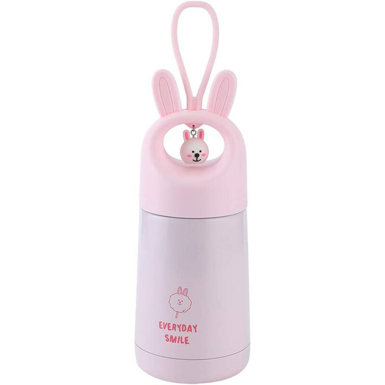 Thermos Mug Cute Cartoon Stainless Steel Insulation Vacuum Cup Bottle with Pendant for Kids Students (Pink Rabbit)