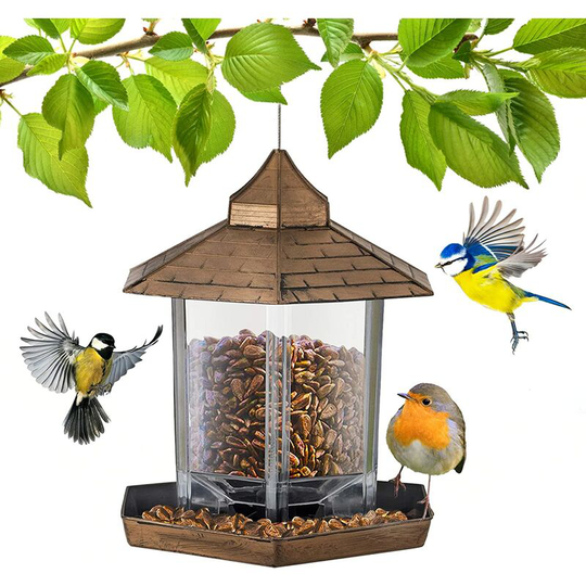 Bird Feeder Garden Decoration - All Weather Hanging Bird Feeding Station for Wild Birds with Hexagonal Roof for Outdoor Yard Decoration