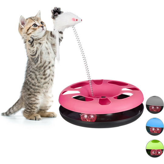 Set of 1 Relaxdays Cat Toy Carousel with Mouse, Interactive Toy, Ball with Bell, Pet Training, Pink