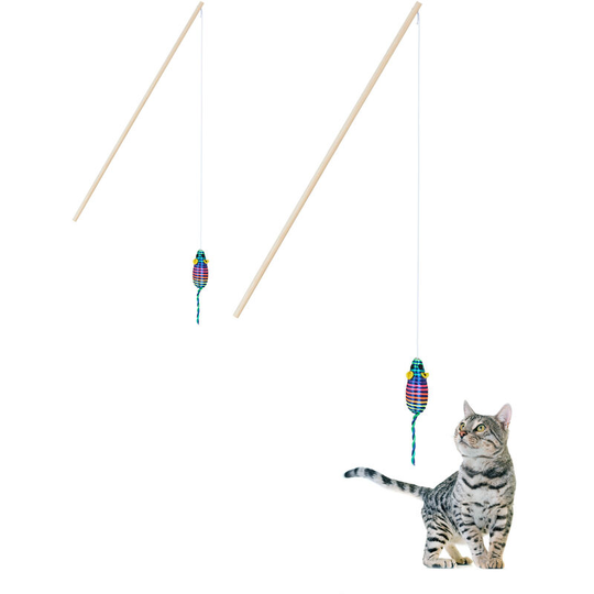 Cat Toy Wand Set of 2, Mouse & Ball, Made of Natural Materials, Rod 106 cm, Kitten Teaser, Multicoloured - Relaxdays