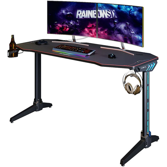 Elegant - Gaming Desk with led Lights Computer Table Workstations for Home and Office with Headphone Hooks and Cup Holder 1400x600mm Black