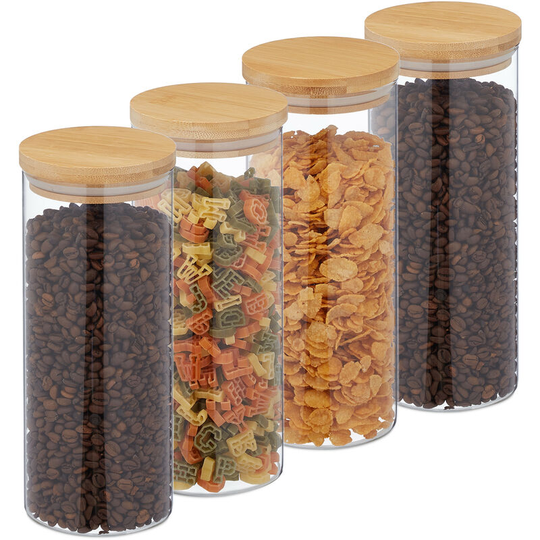 Storage Jars in Set of Four, 1350 ml Each, Bamboo Smell-proof Lids, Dry Food Storage, Glass, Transparent/Brown - Relaxdays