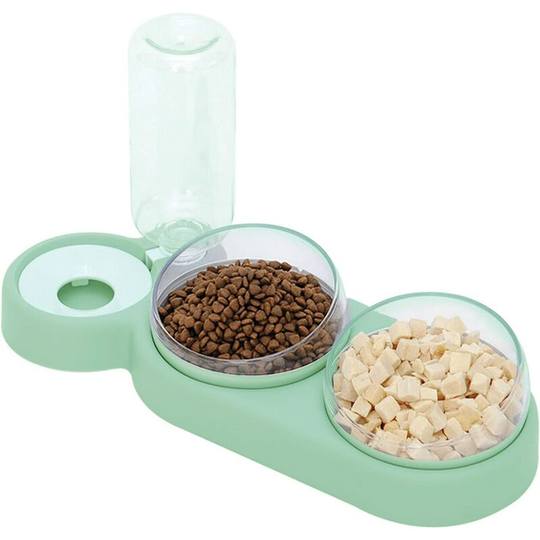 Tinor - Double Raised Cat Bowl, 15° Tilt Anti-Vomiting Cat Bowl 3-in-1 Automatic Water Storage Pet Bowl, Available for Cats and Puppies (Green)